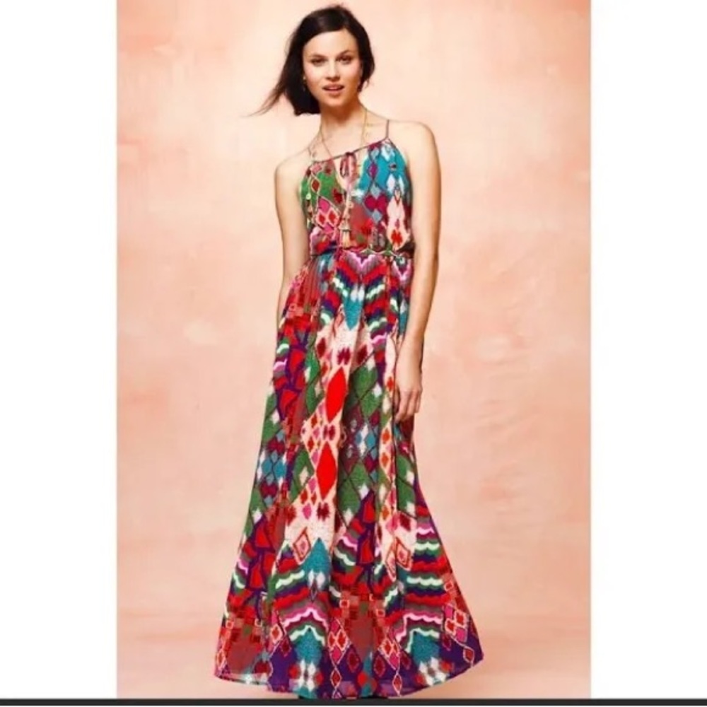 Sz 2 Anthropologie Maeve ‘Tarana’ Multi-Color Print Corset Style Tie Maxi Dress